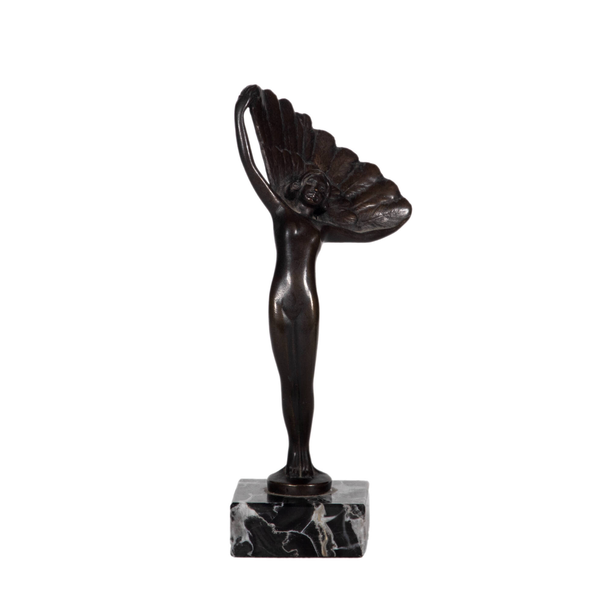 Sculpture of a female figure holding a fan above her head. Sculpture is bronze, sits on a marble base.